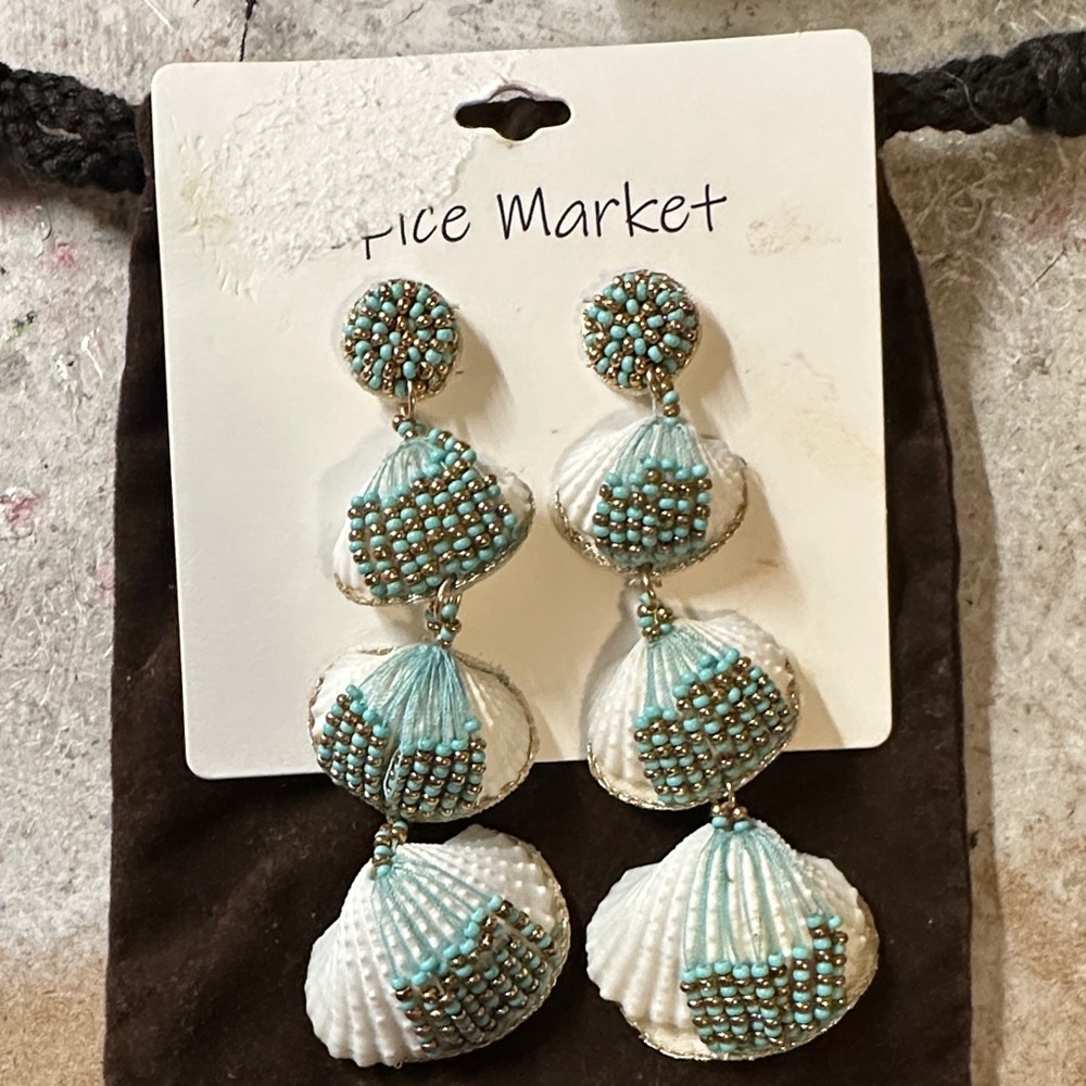 White and Blue Beaded Shell Earrings